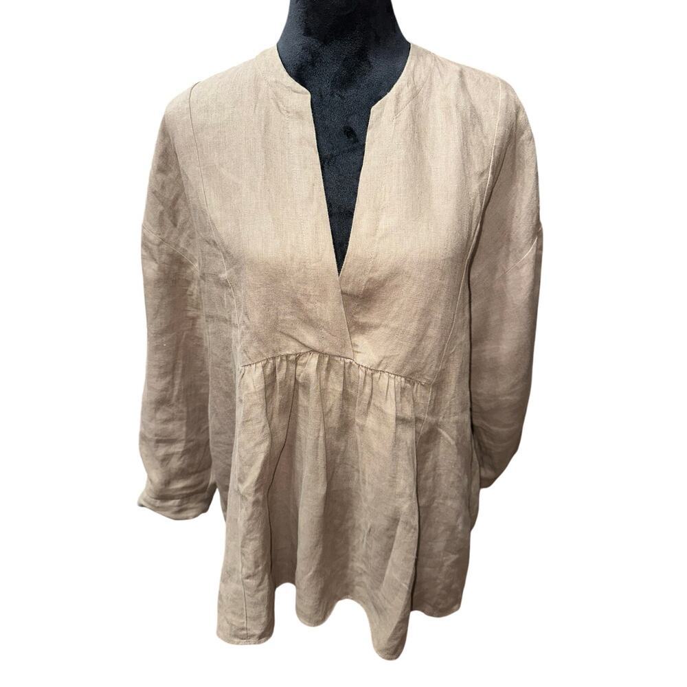 ZARA Women’s Linen Blouse Oversize Lagenlook Neutral Tan Medium